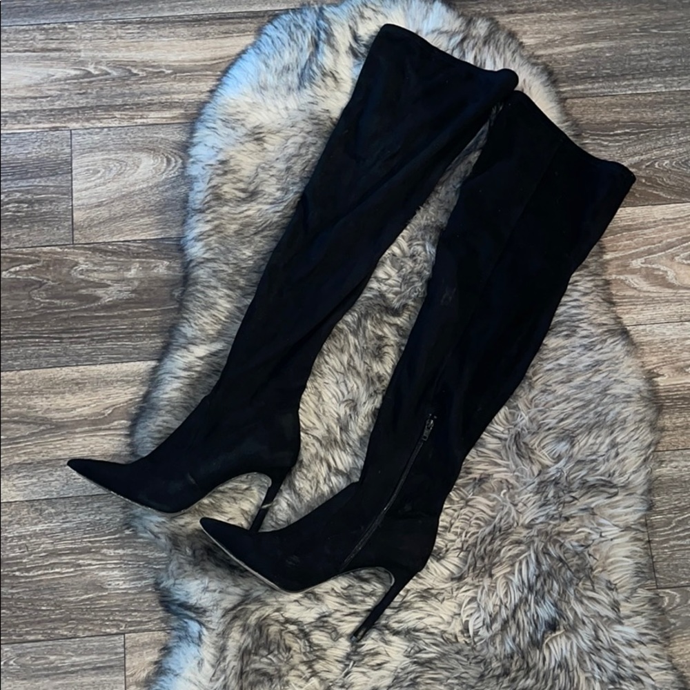 Faux Suede Black Thigh High Heels